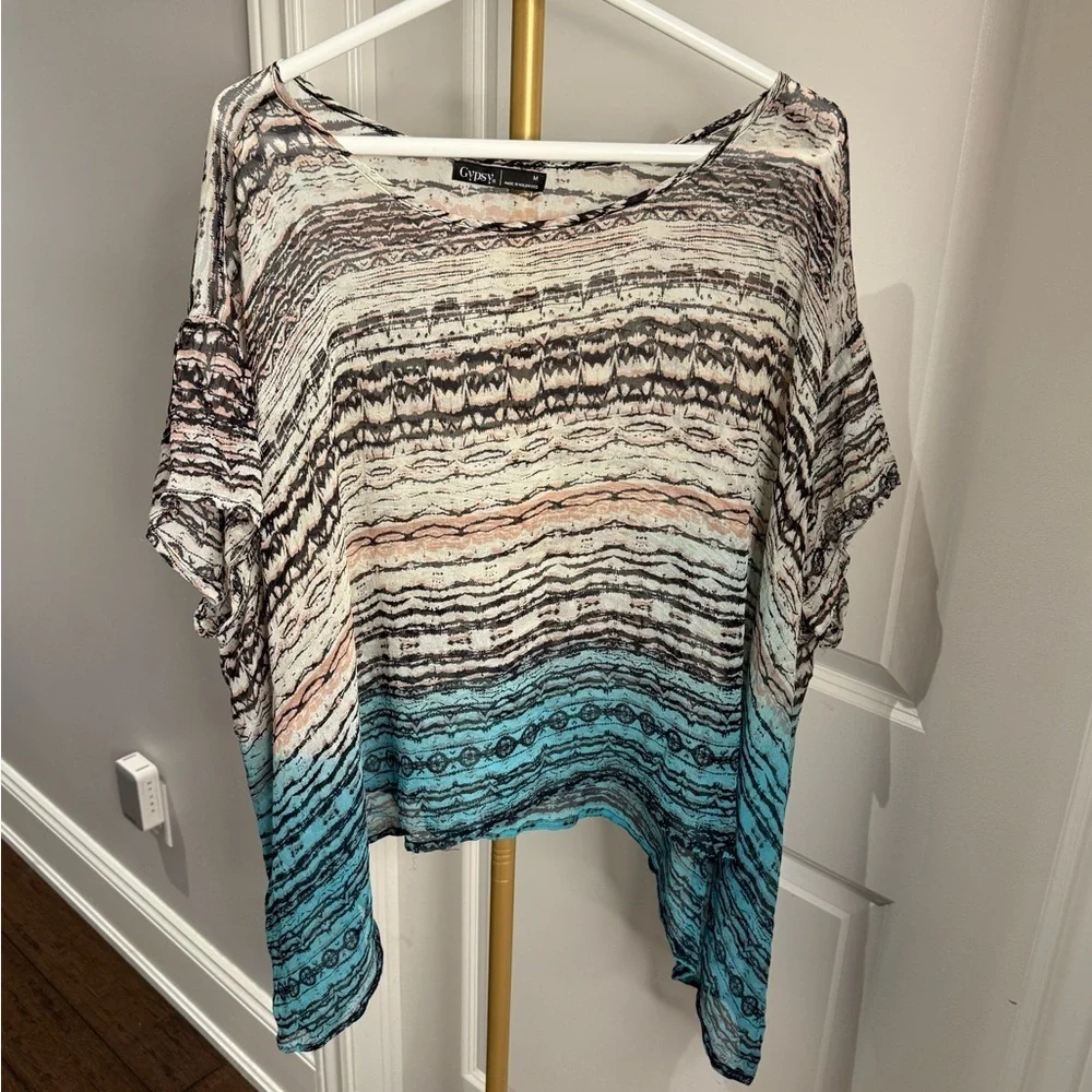GYPSY sheer Multicolour loose flowy SILK shirt Blouse size Medium - Picture 1 of 7